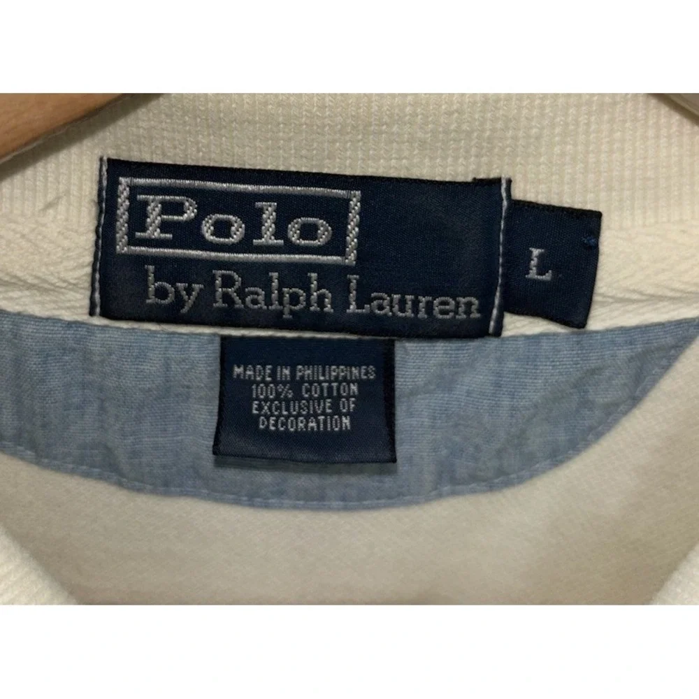 VTG Polo Ralph Lauren HMS Shirt Mens L Cream Ivory Nautical Crest 90s Pique